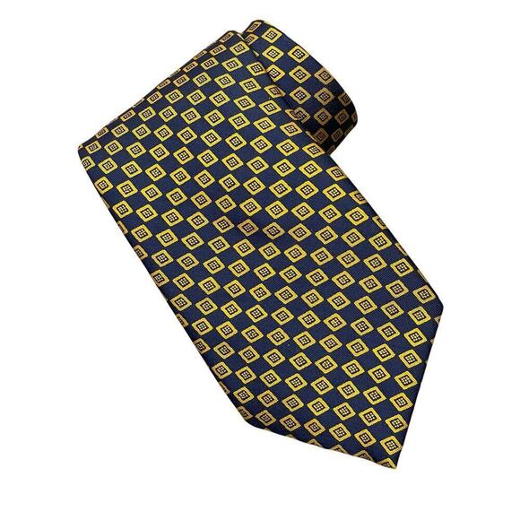 Burberrys of London Men's Blue Yellow Geometric Silk Necktie Vintage - Picture 1 of 4